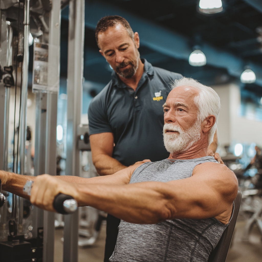 Чоловік 58 років працює з персональним тренером у фітнес-залі, виконуючи силові вправи