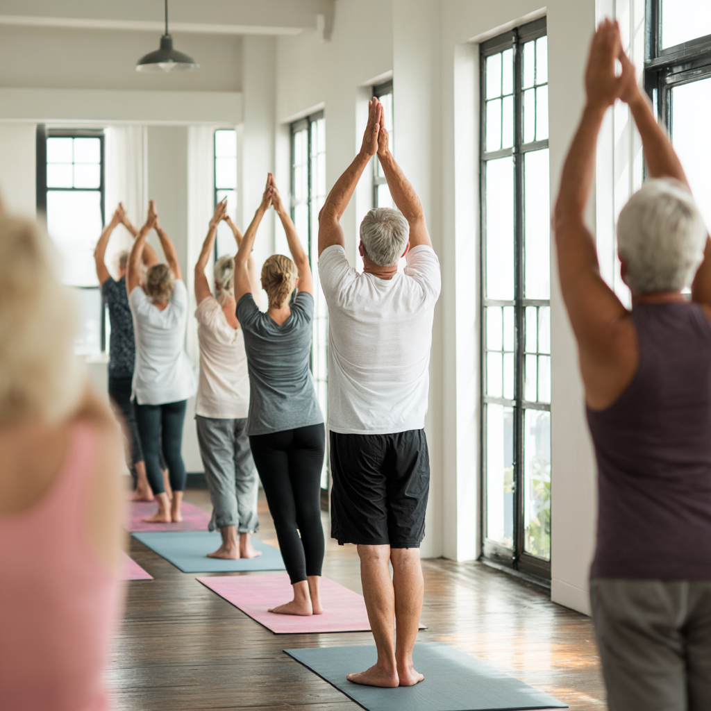 Група людей віком 50-60 років займається йогою у світлому залі з великими вікнами
