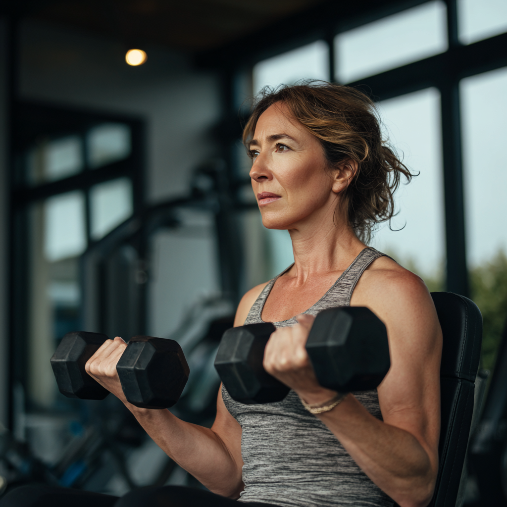 Активна жінка 55 років виконує вправи з гантелями у сучасному фітнес-залі